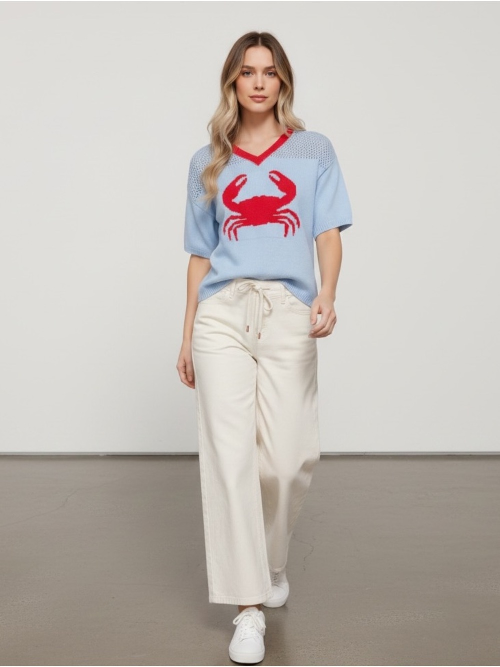 Light Blue Crab Intarsia V-Neck Knit Top - Picture 8 of 8
